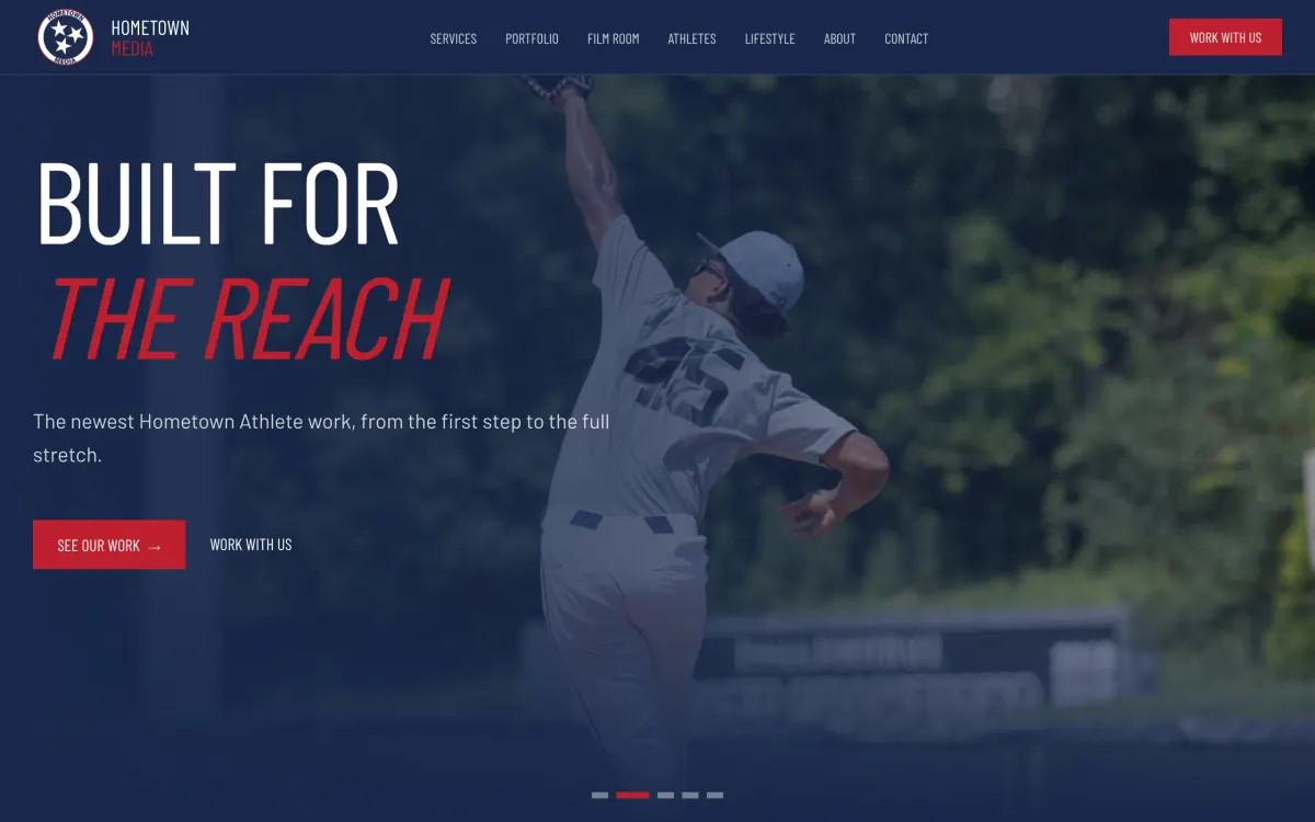 The Hometown Media home page: a full-bleed sports photograph behind large Built For The Reach display type.