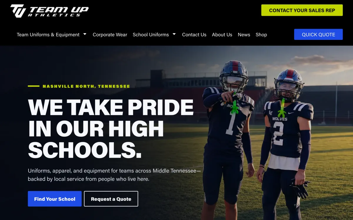 The Team Up Athletics Nashville North home page: two high-school football players behind the headline We take pride in our high schools.